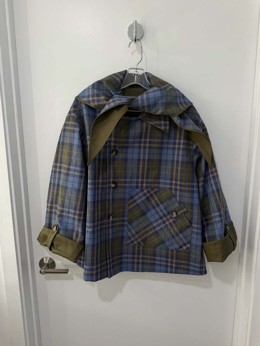 Damson Madder Jerry Reversible Crop Trench Coat in Olive Plaid